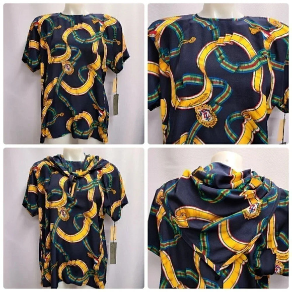 Vintage Tops - Vintage 100% Silk Equestrian Derby Novelty Print Top Scarf Set Navy Blue 8